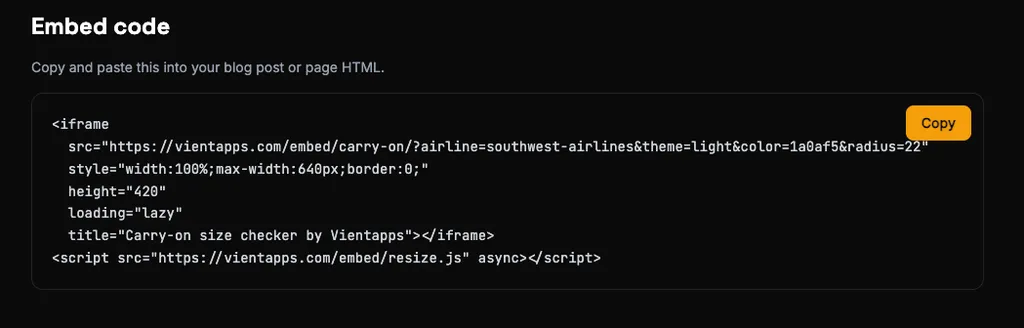 The two-line embed code snippet with iframe src and resize script